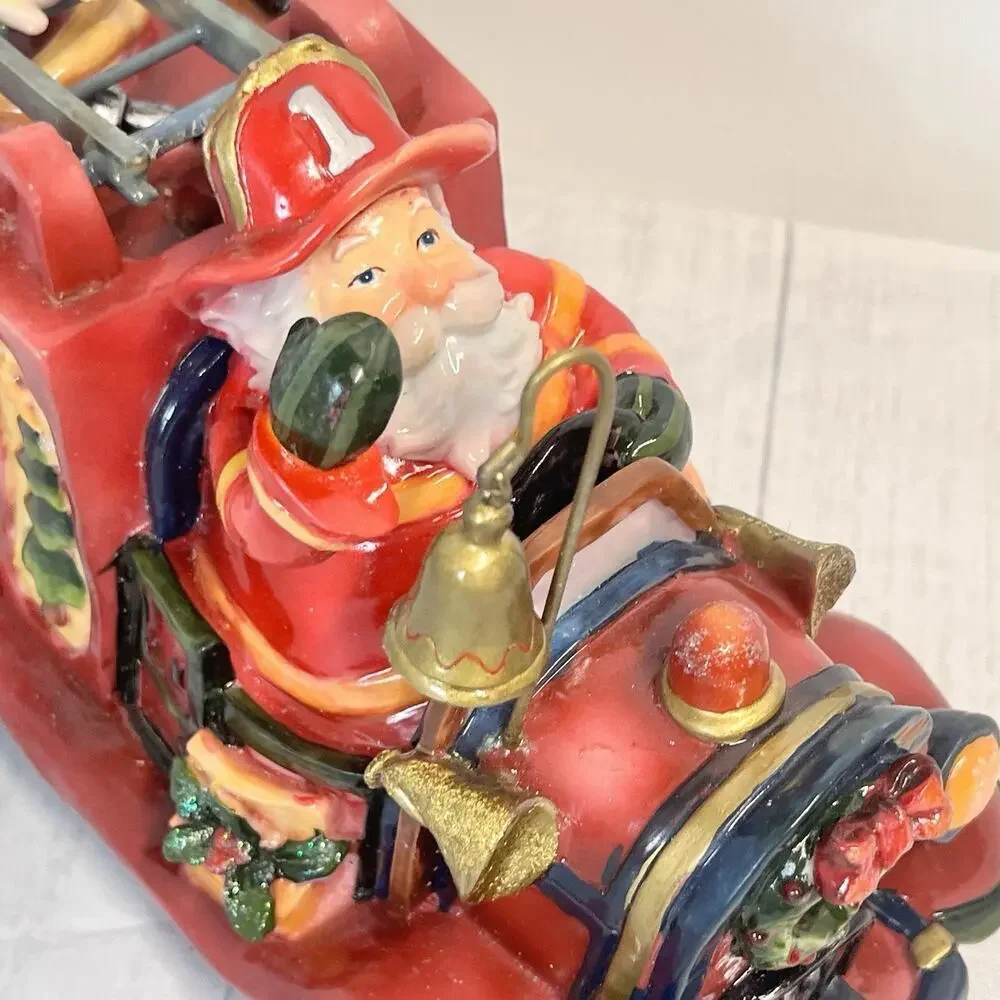 Vintage Roman Inc Music Box Santa Fireman Firetruck Figurine Christmas *Damaged*